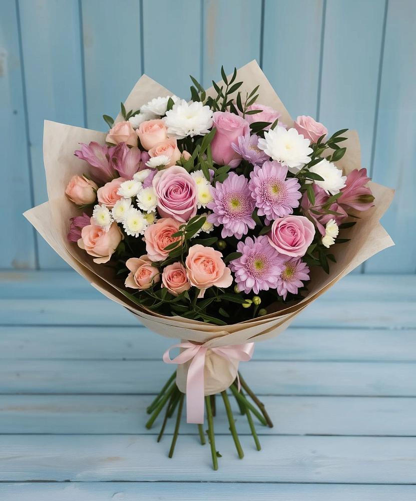 Букет цветов из: Хризантемы, Розы и Альстромерии в Липках