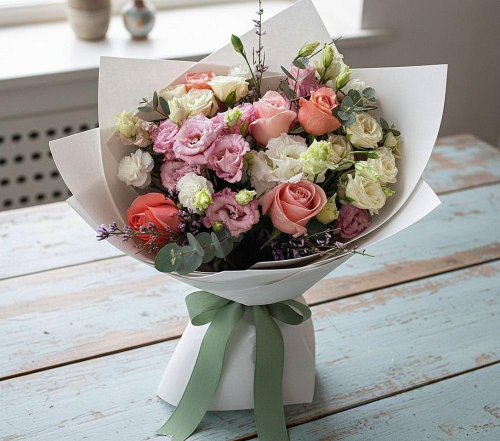 Букет цветов из: Розы, Лизиантусы и Гвоздики в Липках