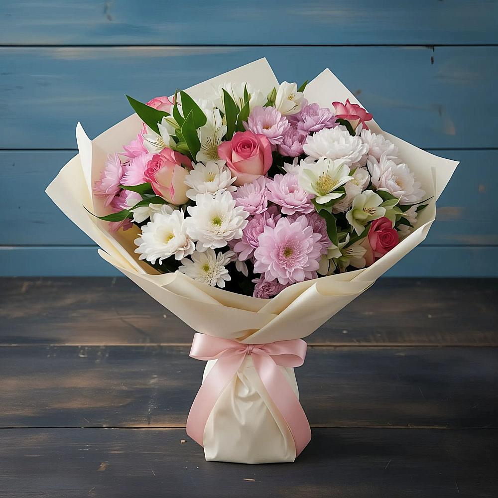 Букет цветов из: Хризантемы, Альстромерии и Розы в Липках